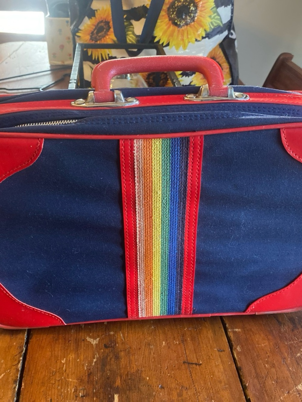 Navy Canvas Travel Holdall with Red Trim and Rainbow Stripe